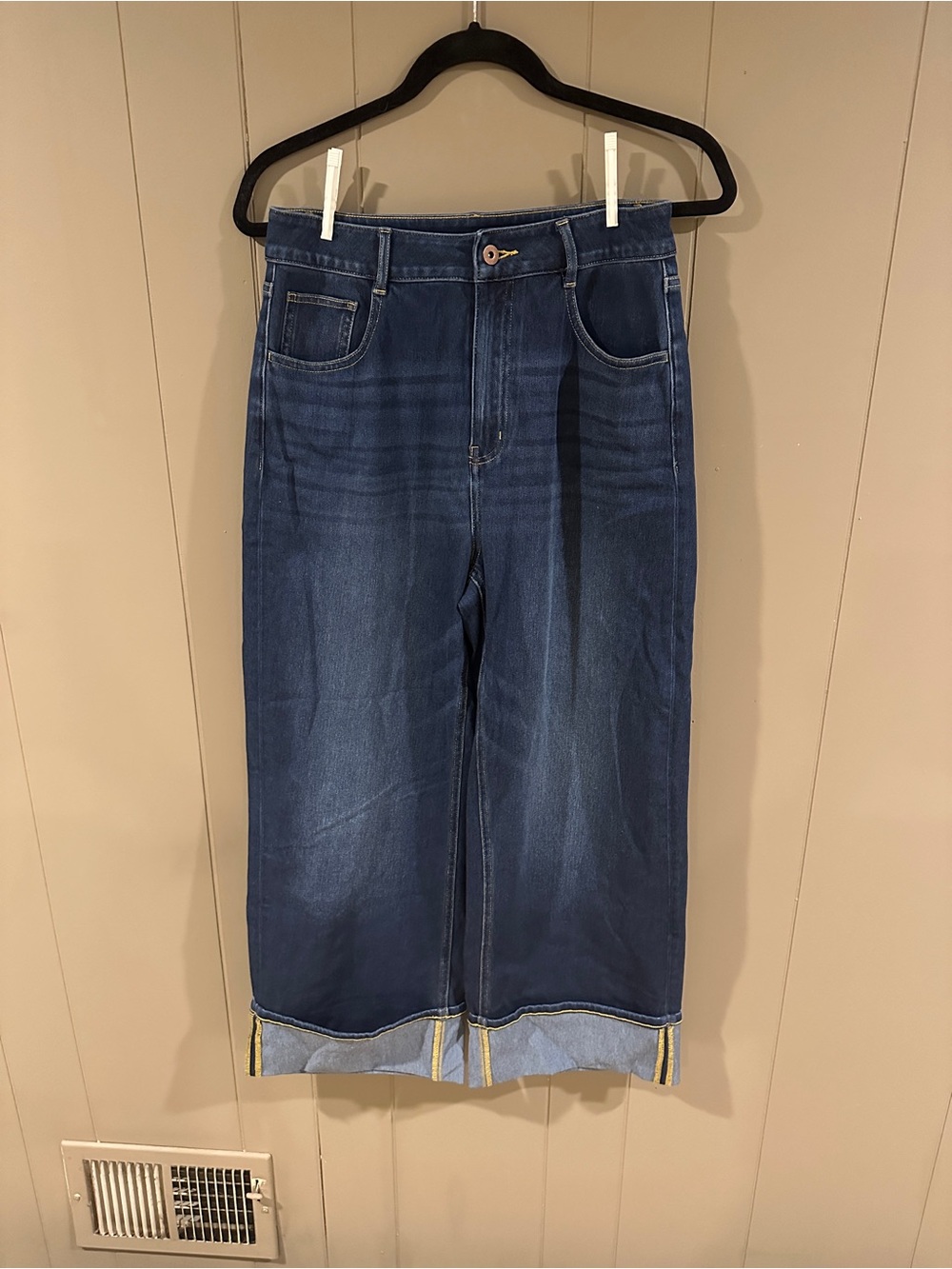 HALARA Dark Blue Wide Leg Denim Jumpsuit Pants with Cuffed Hem